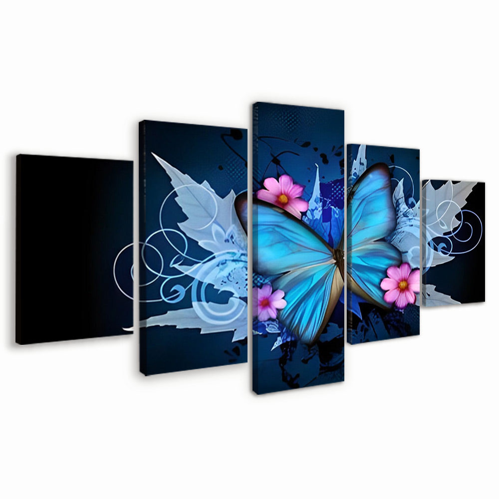 Roze Bloemen en Blauwe Vlinder 5 Platen Schilderen op Nummers
