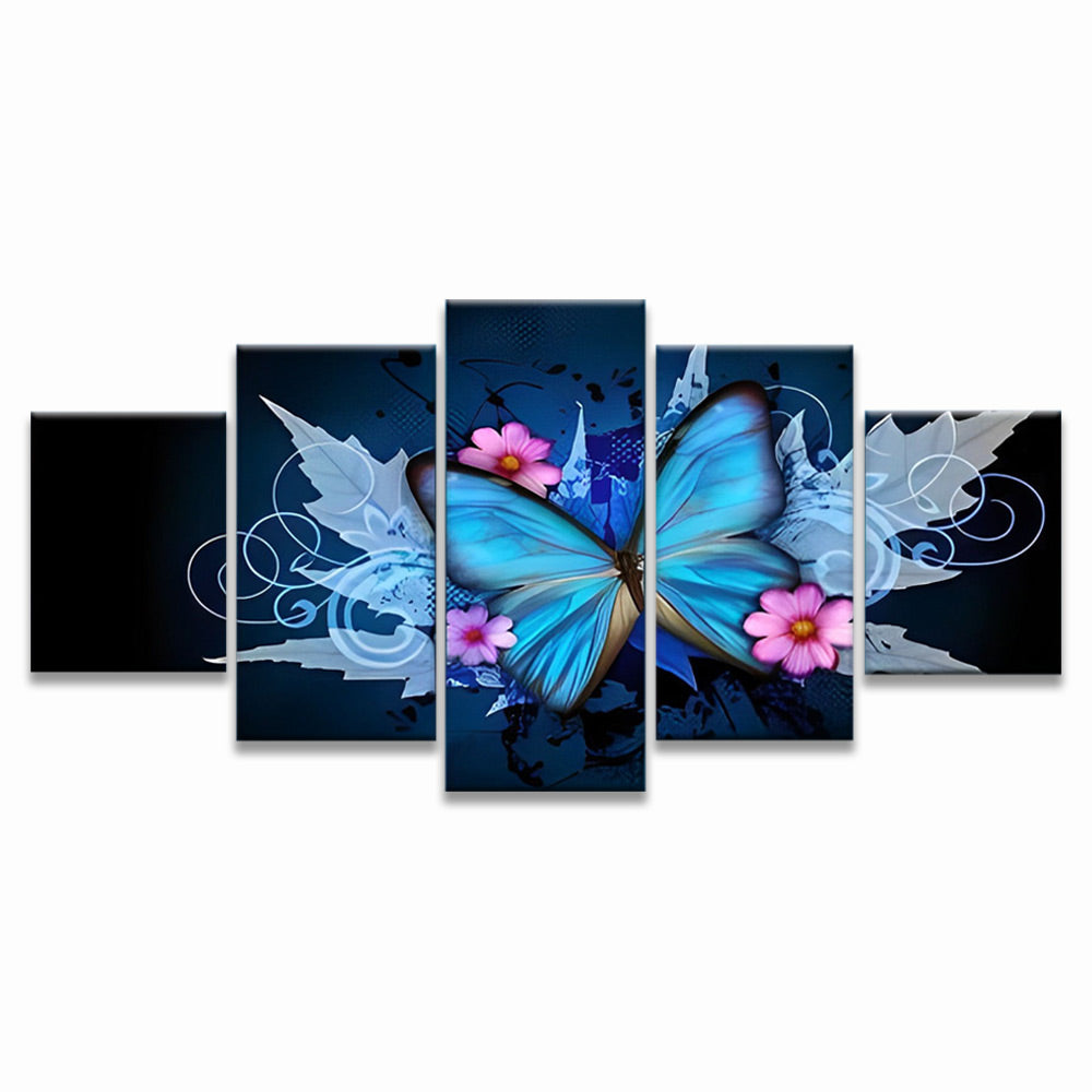 Roze Bloemen en Blauwe Vlinder 5 Platen Schilderen op Nummers