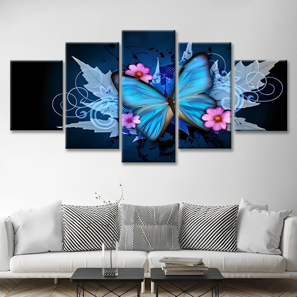 Roze Bloemen en Blauwe Vlinder 5 Platen Schilderen op Nummers