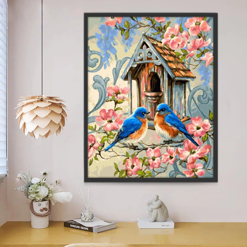 Roze Bloemen en Blauwe Vogels Schilderen op Nummers