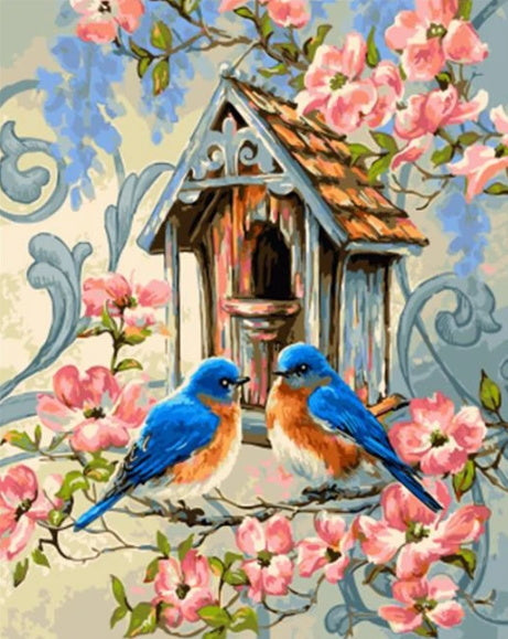 Roze Bloemen en Blauwe Vogels Schilderen op Nummers