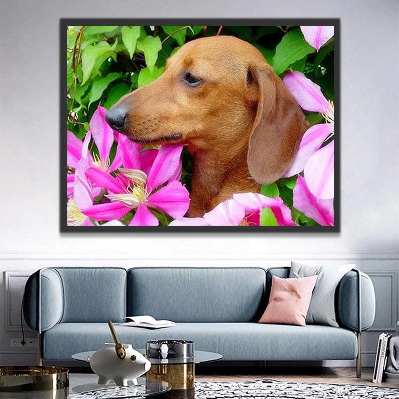 Roze Bloemen en Bruine Hond Schilderen op Nummers