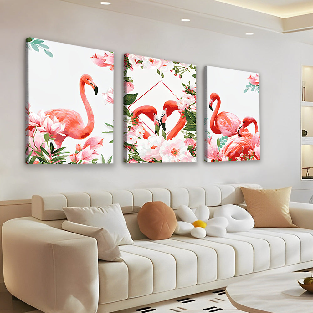 Roze Bloemen en Flamingo's 3 Platen Schilderen op Nummers