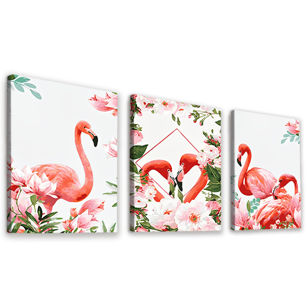Roze Bloemen en Flamingo's 3 Platen Schilderen op Nummers