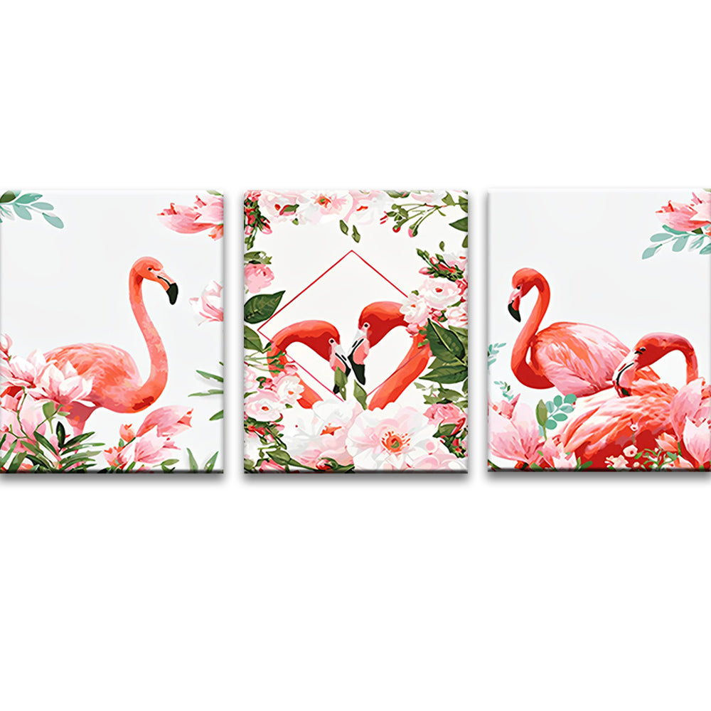 Roze Bloemen en Flamingo's 3 Platen Schilderen op Nummers
