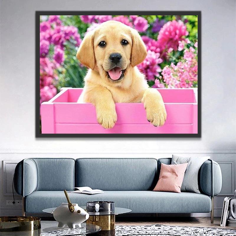 Roze Bloemen en Gele Hond Schilderen op Nummers