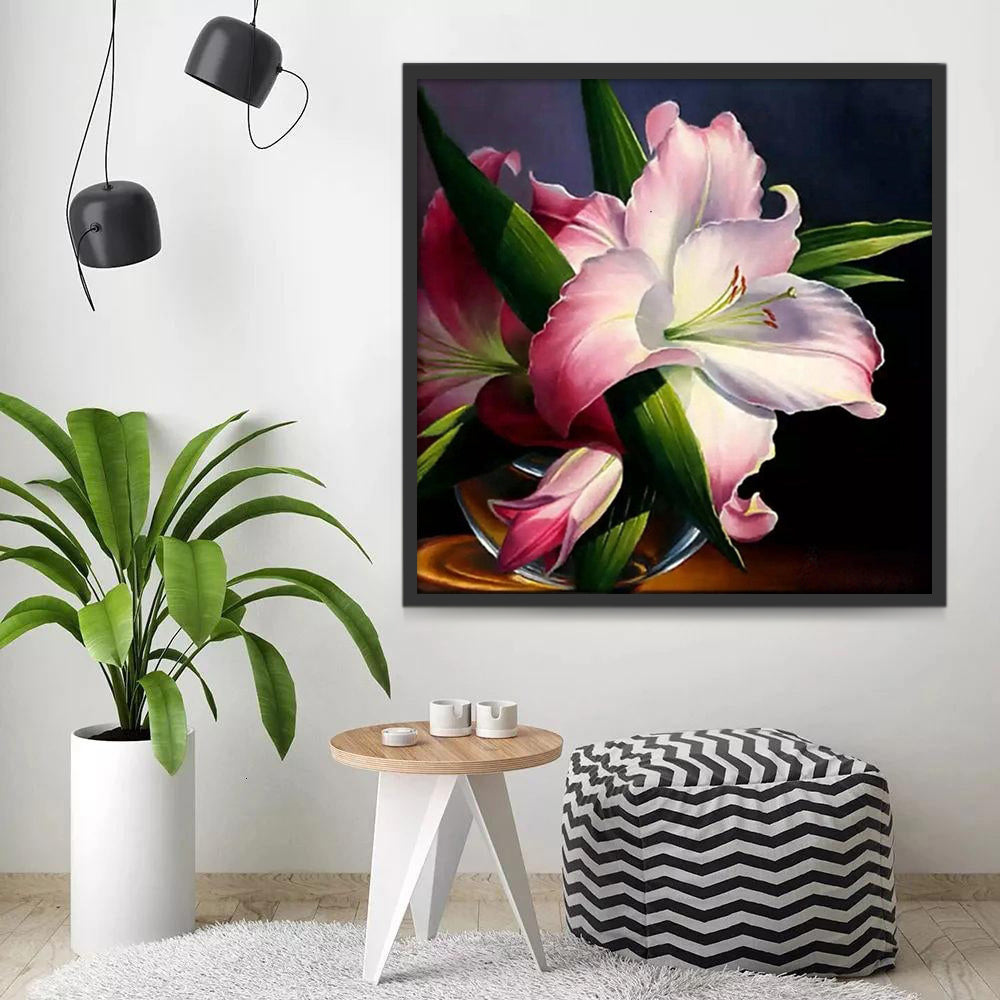 Roze bloemen en groene bladeren Schilderen op Nummers