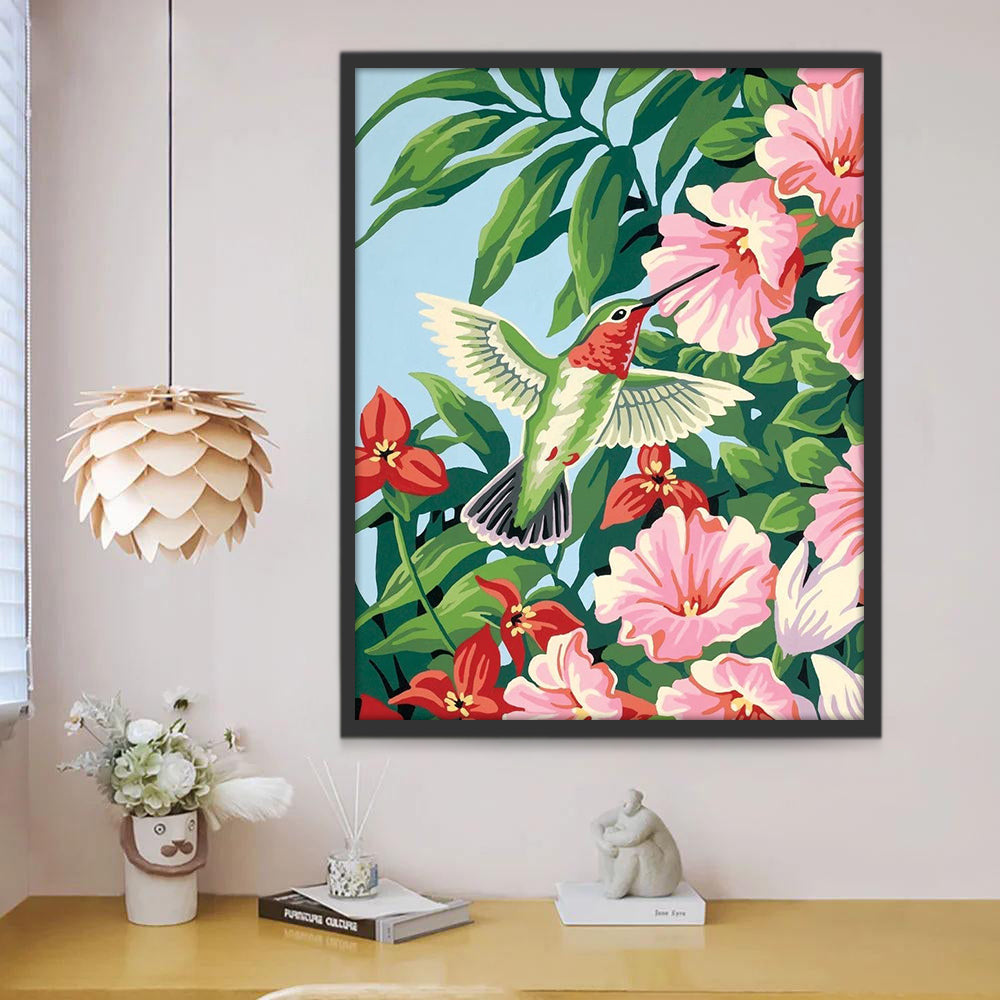Roze Bloemen en Groene Kolibrie Schilderen op Nummers