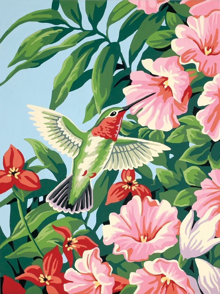 Roze Bloemen en Groene Kolibrie Schilderen op Nummers