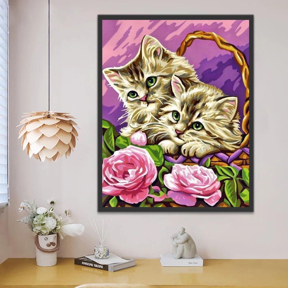 Roze Bloemen en Katten in Bamboemandje Schilderen op Nummers