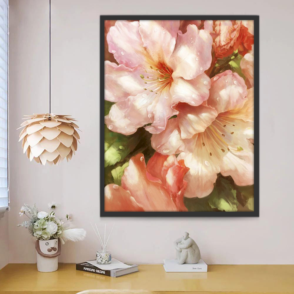 Roze bloemen en lichtgroene meeldraden Schilderen op Nummers