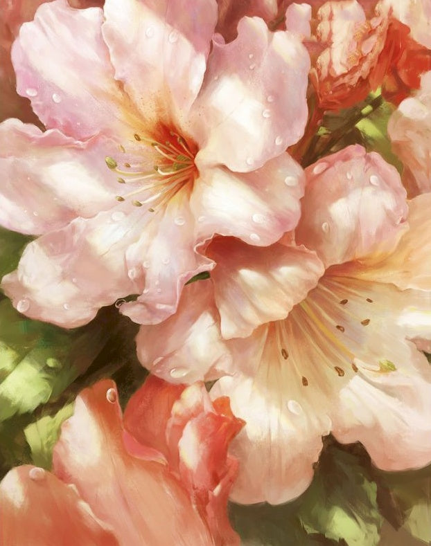 Roze bloemen en lichtgroene meeldraden Schilderen op Nummers