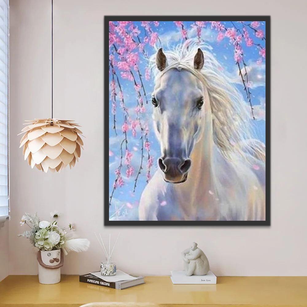 Roze Bloemen en Wit Paard Schilderen op Nummers