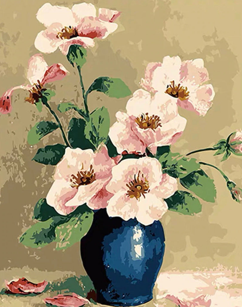Roze Bloemen in een Donkerblauwe Vaas Schilderen op Nummers