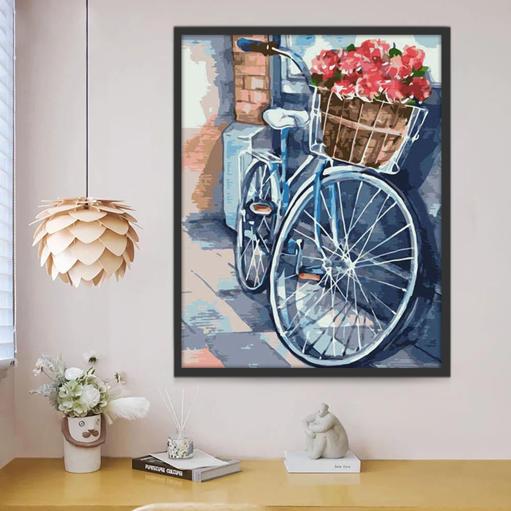 Roze Bloemen in een Fietsmand aan de Muur Schilderen op Nummers