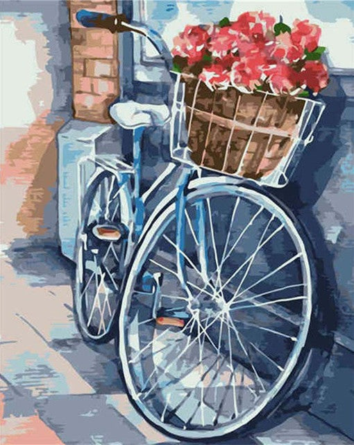 Roze Bloemen in een Fietsmand aan de Muur Schilderen op Nummers