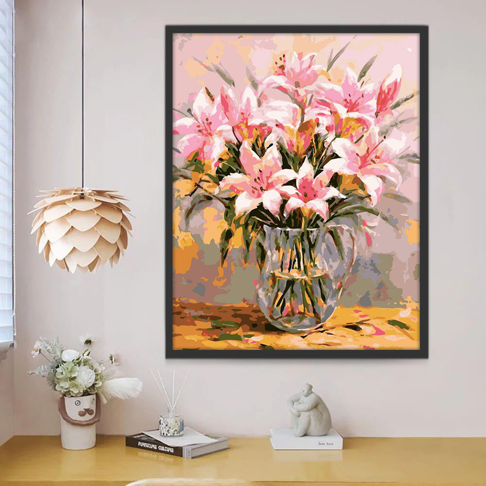 Roze bloemen in een glazen vaas Schilderen op Nummers