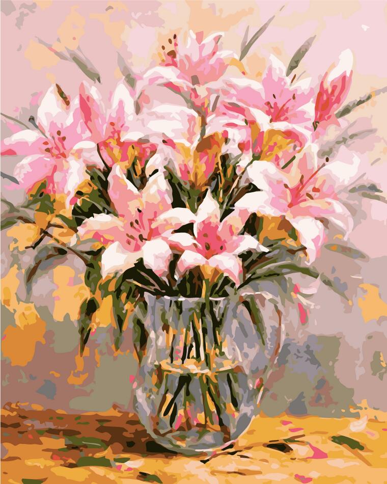 Roze bloemen in een glazen vaas Schilderen op Nummers