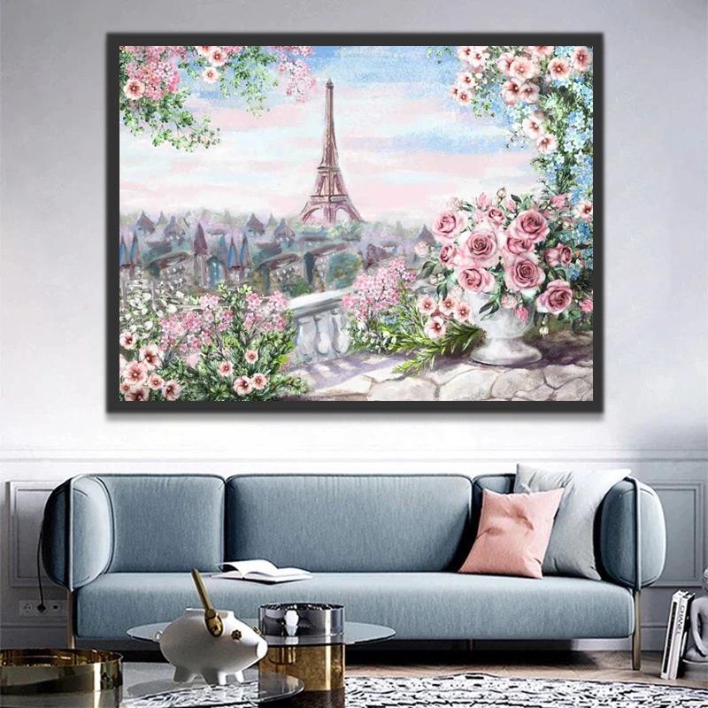 Roze Bloemen met de Toren van Parijs in de Verte Schilderen op Nummers