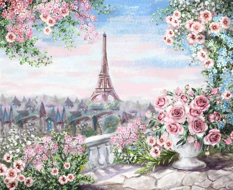 Roze Bloemen met de Toren van Parijs in de Verte Schilderen op Nummers
