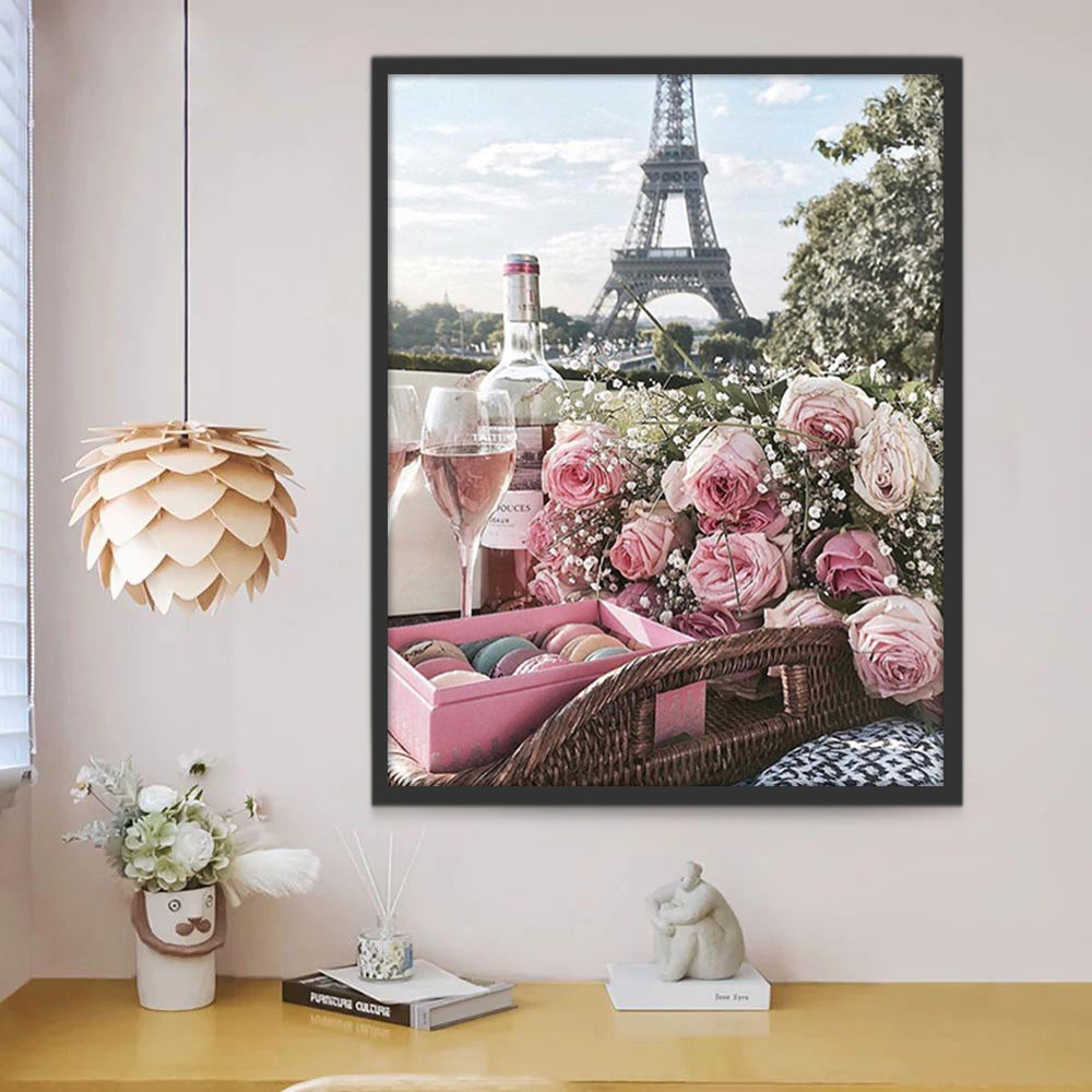 Roze Bloemen onder de Parijse Toren Schilderen op Nummers