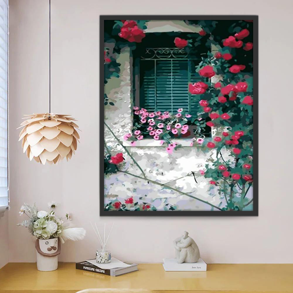 Roze Bloemen op het Raam en Rode Bloemen op de Muur Schilderen op Nummers
