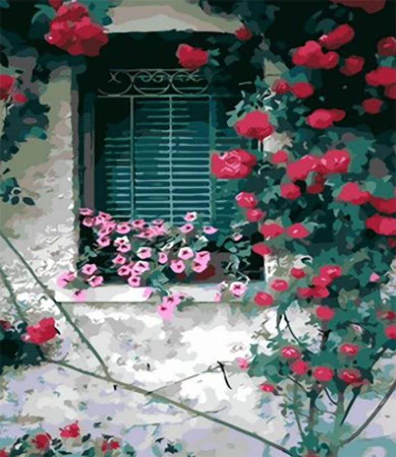 Roze Bloemen op het Raam en Rode Bloemen op de Muur Schilderen op Nummers
