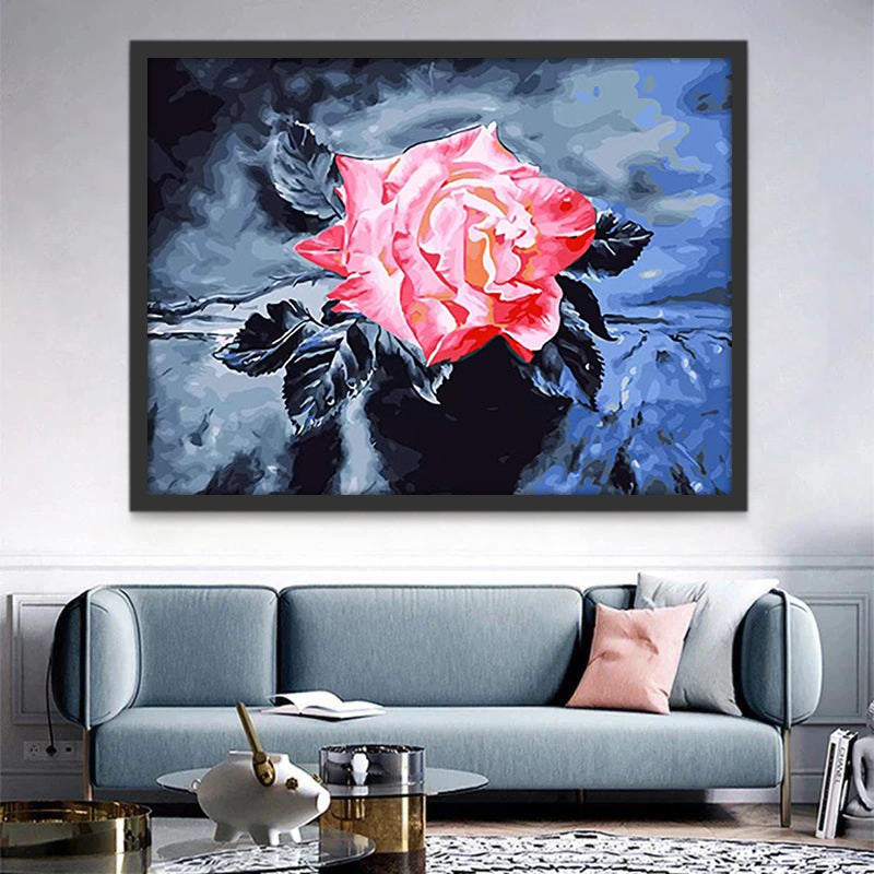 Roze Bloemen tegen een Blauwe en Zwarte Achtergrond Schilderen op Nummers