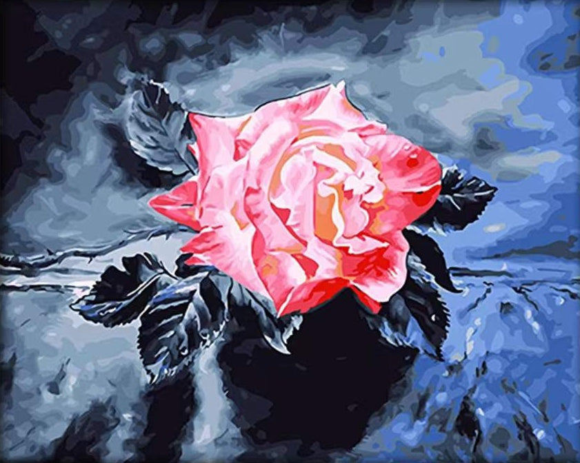 Roze Bloemen tegen een Blauwe en Zwarte Achtergrond Schilderen op Nummers