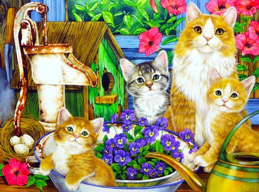 Roze Bloemen, Viooltjes en Katten Schilderen op Nummers