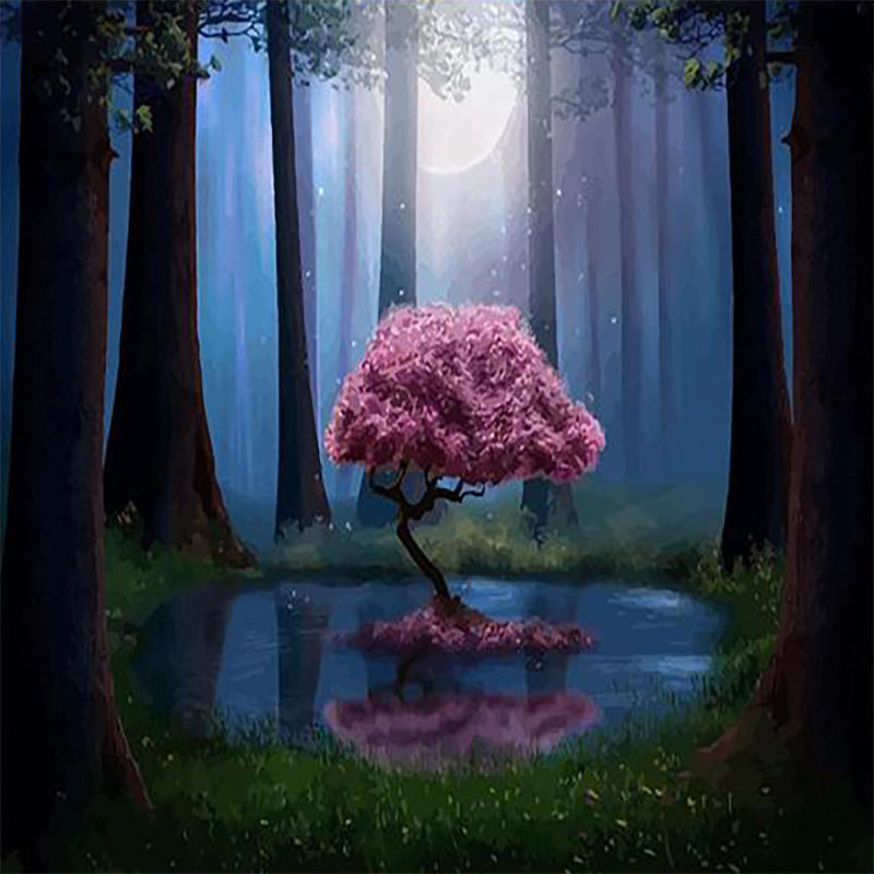 Roze Boom in het Bos op een Maanverlichte Nacht Schilderen op Nummers