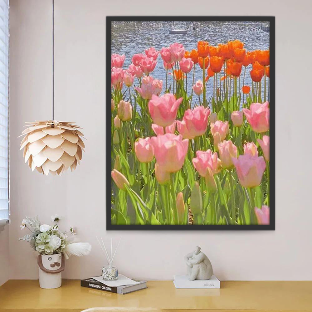 Roze en Oranje Tulpen bij de Rivier Schilderen op Nummers