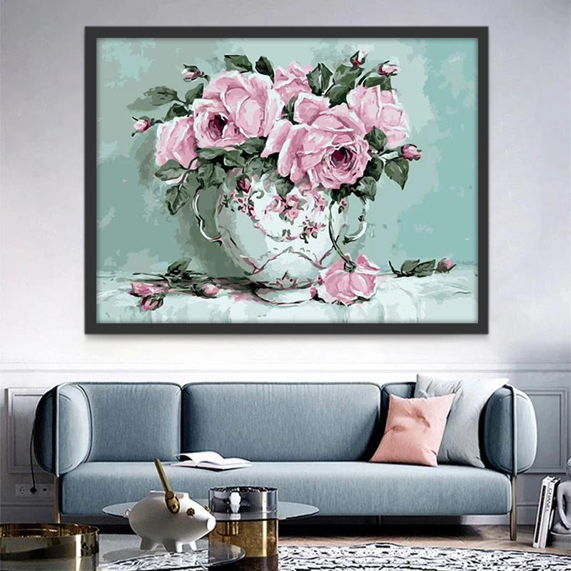 Roze en Paarse Bloemen op een Lichtgroene Achtergrond Schilderen op Nummers