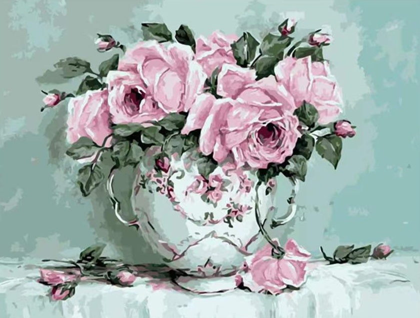 Roze en Paarse Bloemen op een Lichtgroene Achtergrond Schilderen op Nummers