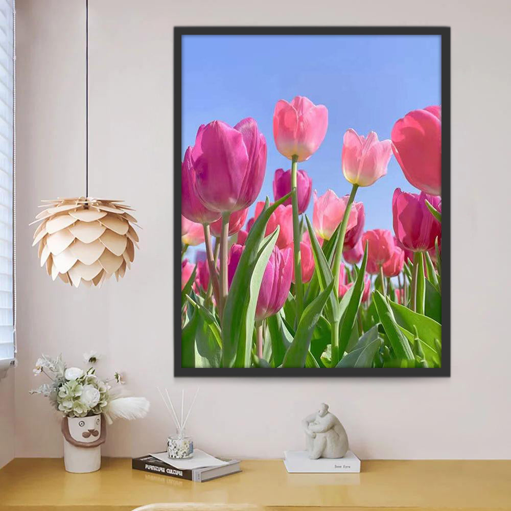 Roze en Paarse Tulpen op een Blauwe Achtergrond Schilderen op Nummers