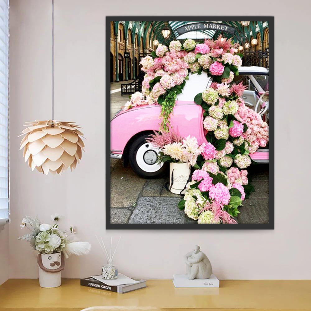 Roze en Witte Auto Bezaaid met Bloemen Schilderen op Nummers