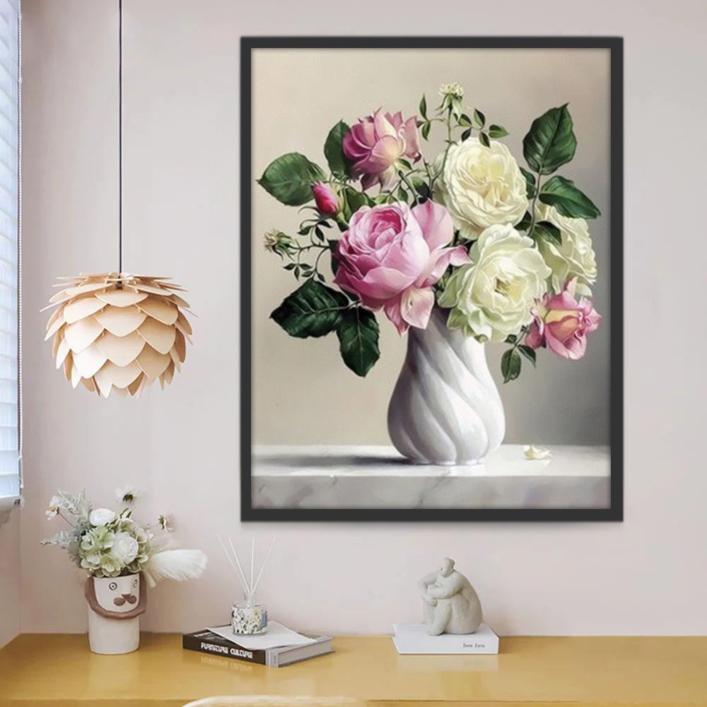 Roze en Witte Maanbloemen in Keramieken Vaas Schilderen op Nummers