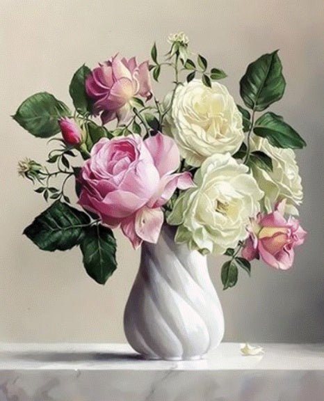 Roze en Witte Maanbloemen in Keramieken Vaas Schilderen op Nummers