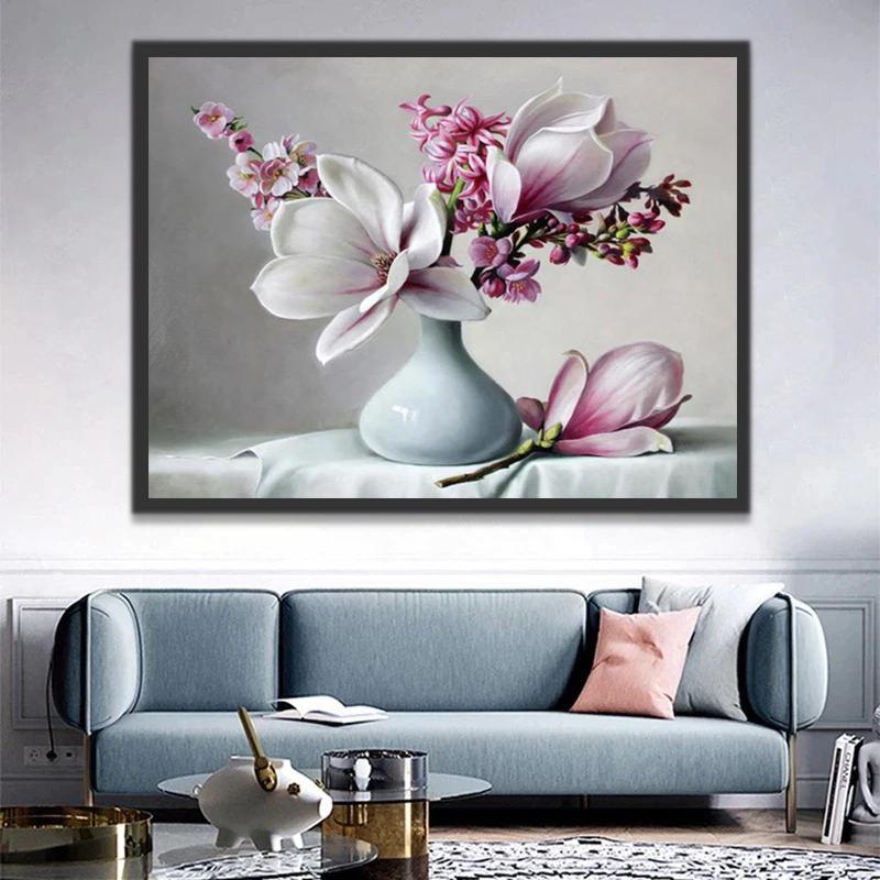 Roze en witte magnolia's Schilderen op Nummers