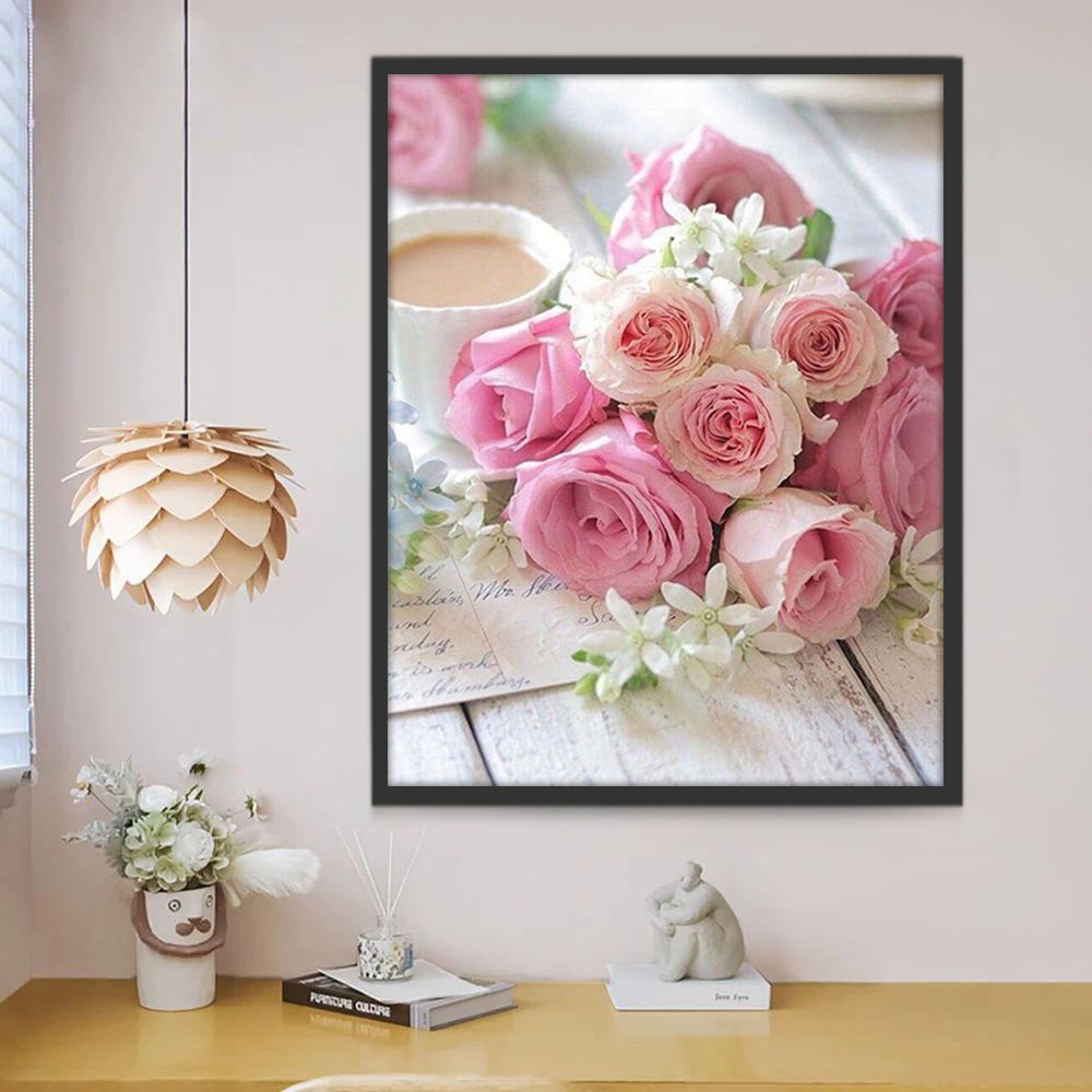 Roze en Witte Rozen naast het Koffiekopje Schilderen op Nummers
