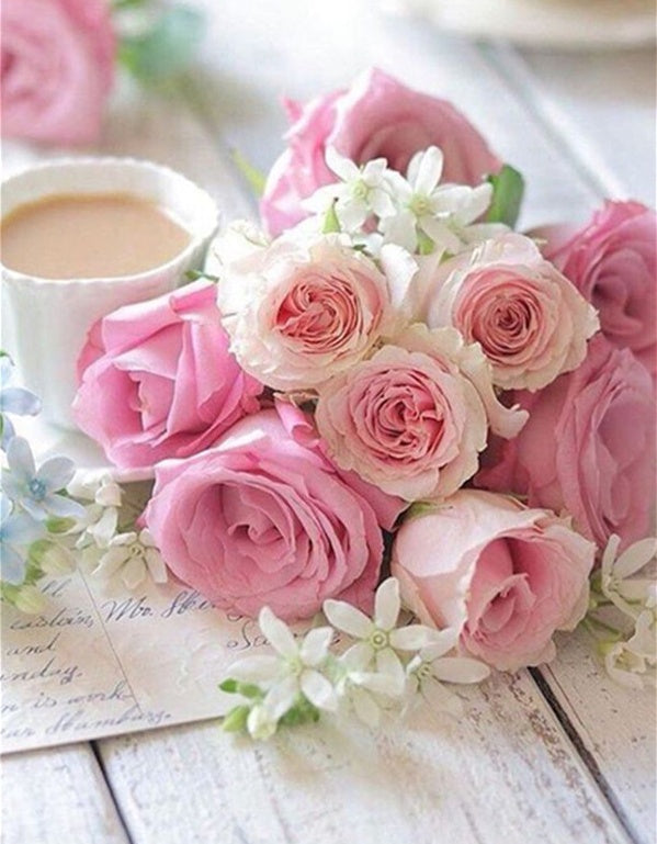 Roze en Witte Rozen naast het Koffiekopje Schilderen op Nummers
