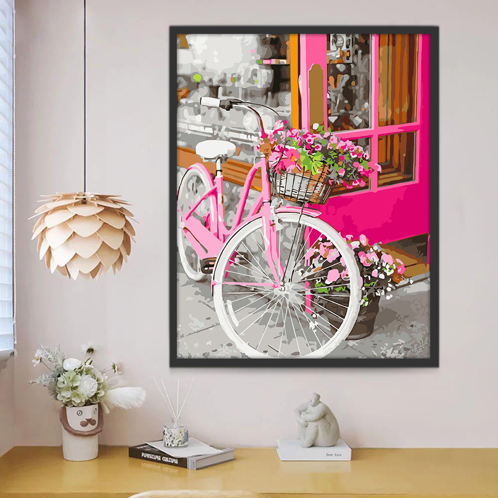 Roze Fiets met Bloemen bij Winkelruit Schilderen op Nummers