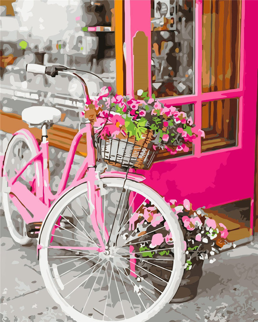 Roze Fiets met Bloemen bij Winkelruit Schilderen op Nummers