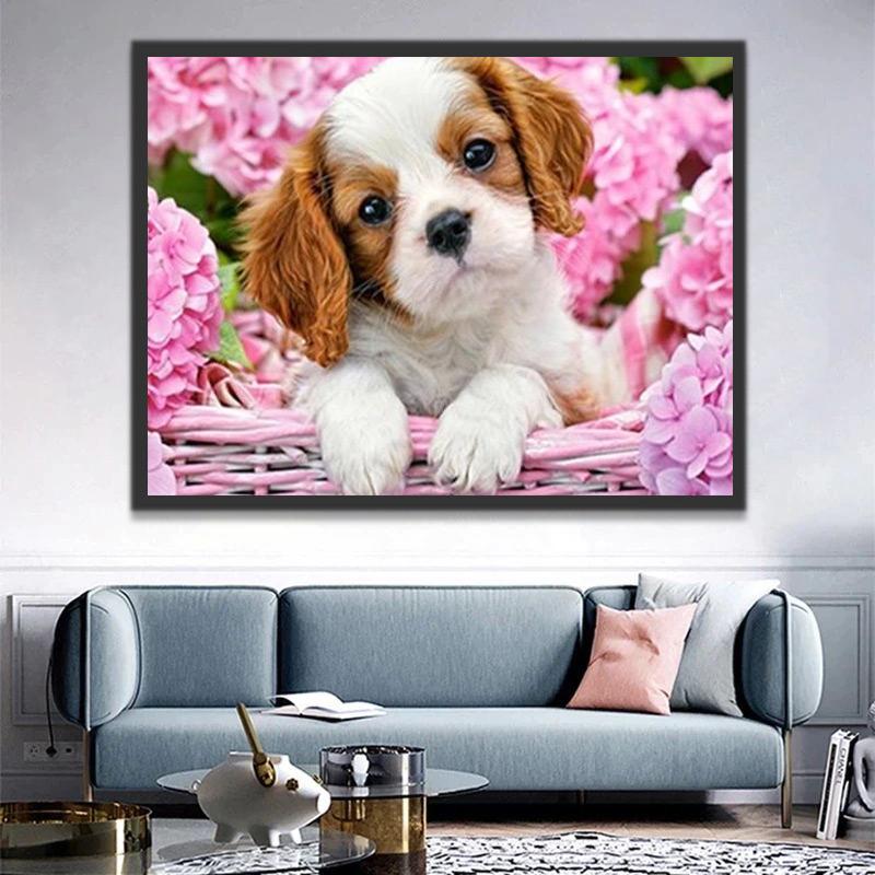 Roze Hortensia en Schattig Puppy Schilderen op Nummers