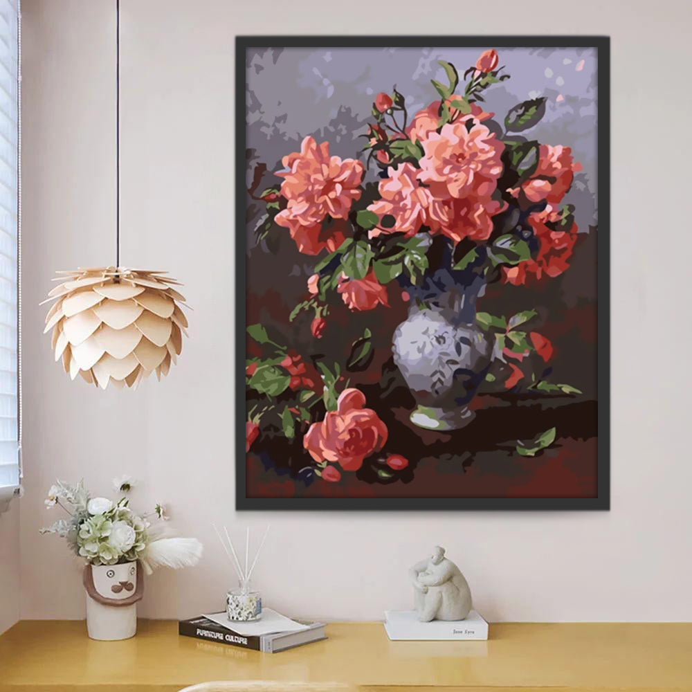 Roze Maanbloemen op de Vloer en in een Vaas Schilderen op Nummers