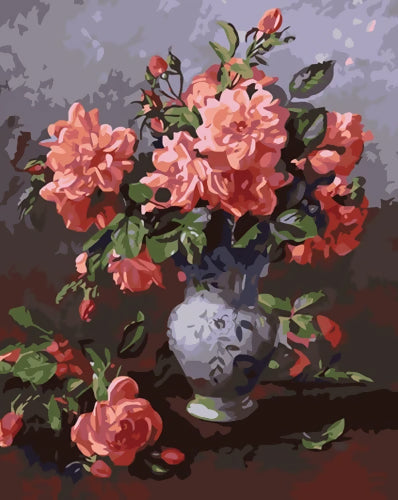 Roze Maanbloemen op de Vloer en in een Vaas Schilderen op Nummers