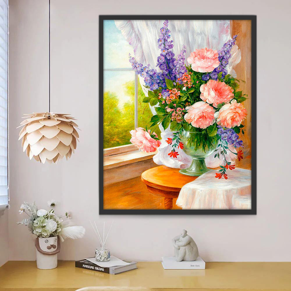Roze Pioenrozen en Paarse Bloemen Schilderen op Nummers