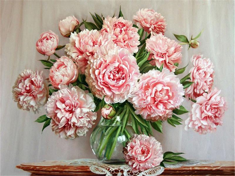 Roze Pioenrozen voor een Vensterbank Schilderen op Nummers