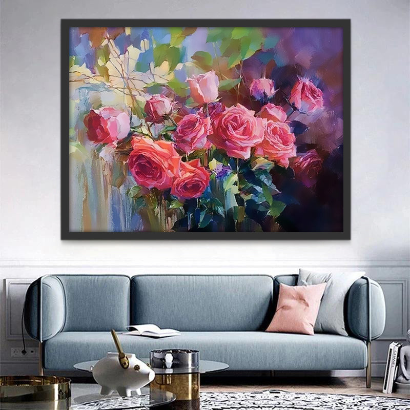 Roze rozen aan de muur Schilderen op Nummers