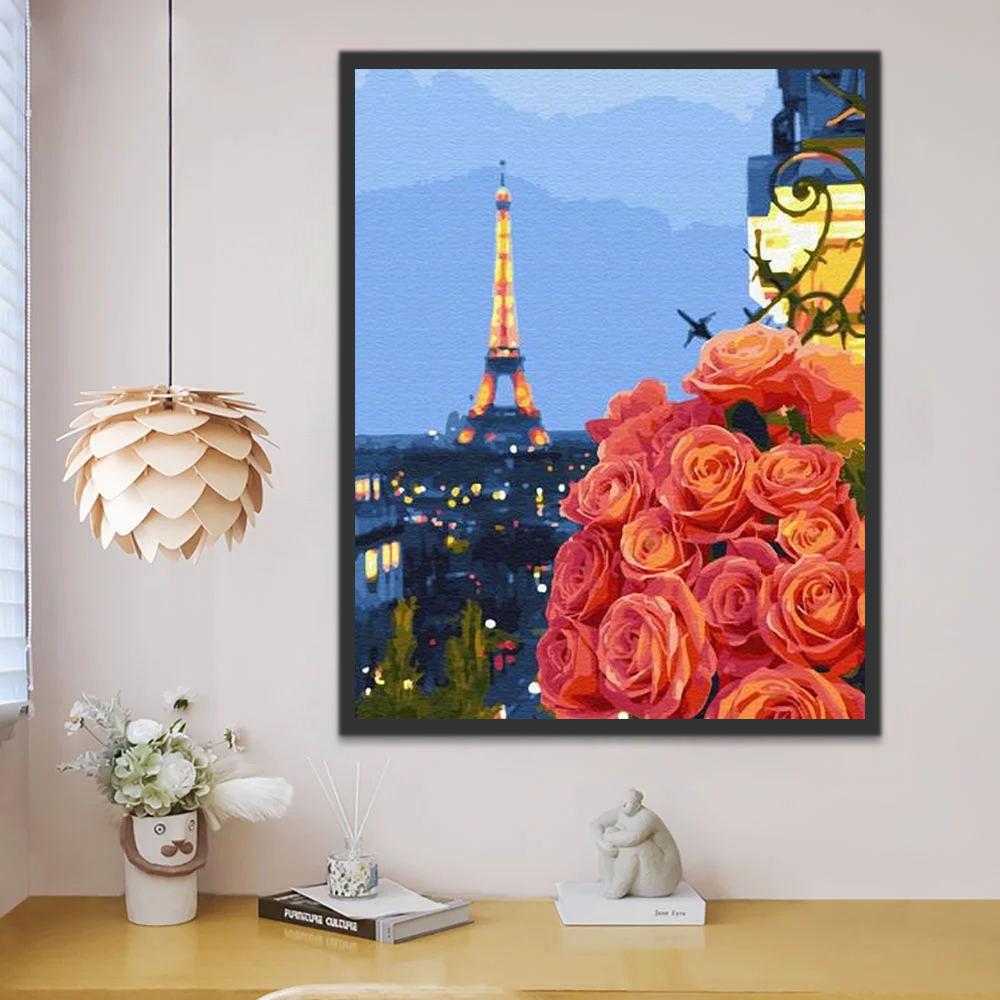 Roze Rozen en de Eiffeltoren Schilderen op Nummers